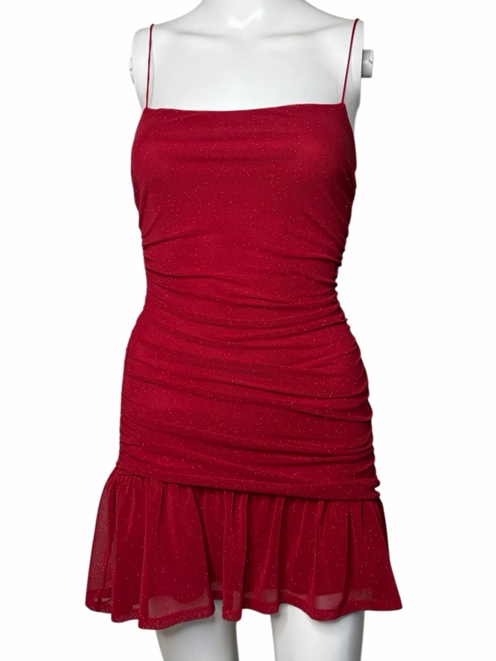 Q Red Sparkle Ruched Slip Dress with Ruffle Hem Size Small